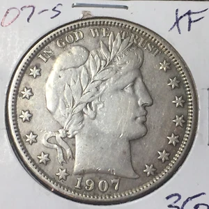 1907-S XF Full Sharp Liberty Barber Half Dollar Rare Date - Picture 1 of 2