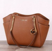 New Michael Kors Large JET SET TRAVEL Leather /Signature Chain Shoulder Tote Bag