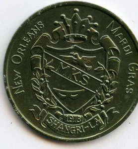 .Mardi Gras Doubloon Krewe de Shangri-La 1980 verde aluminio - Imagen 1 de 2