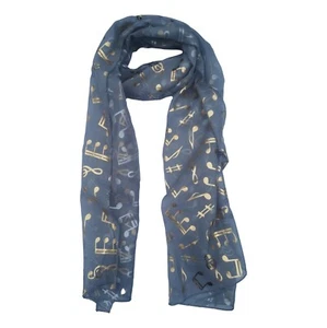 Treble Clef & Music Notes gold/silver reversible grey scarf - Picture 1 of 2