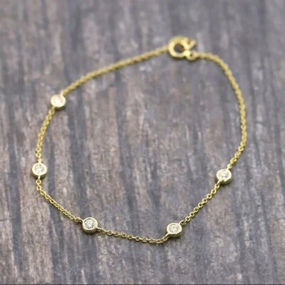 1.00Ct Round Lab Grown Diamond Bezel Set Bolo Chain Bracelet 10K Yellow Gold 7" - Image 1 of 4