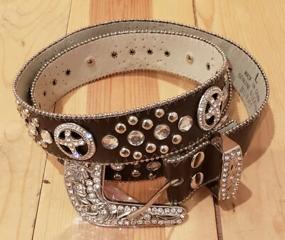 Western womens bling rhinestone belt cowgirl leather studded circle cross brown  - Image 1 of 2