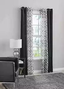 Mainstays Kingswood Solid Printed Sheer Grommet Curtain Panel Set 4 Piece Black - Picture 1 of 2