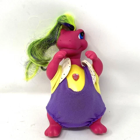 Vintage Darlin Dinos Pink Yellow Plastic Dinosaur Green Hair Heart Gem 5.5” Cover
