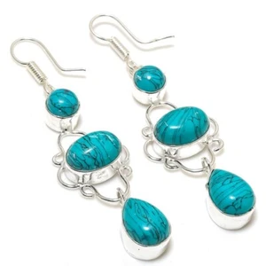 Blue Turquoise Gemstone Handmade 925 Sterling Silver Jewelry Earring Sz 2.40" - Picture 1 of 1