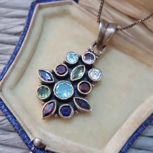 Vintage 925 Sterling Silver Necklace, Multigemstones Pendant, Silver Jewellery - Picture 1 of 6