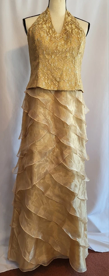 Vintage Gold Halter Maxi Formal Dress Lace Bodice Chiffon Tiered Size 8/10 - Image 1 of 4