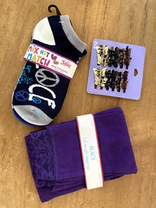 NWT Assorted Girls Bundle: PLACE leggings siz 7-8 + JUSTICE socks + CLAIRE clips - Picture 1 of 3