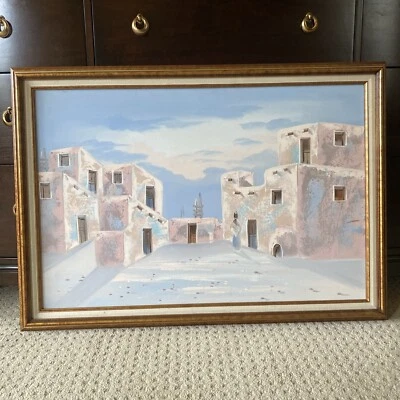 Vintage Oil Painting Pink Houses Cityscape 40"x29" Large - Image 1 of 4