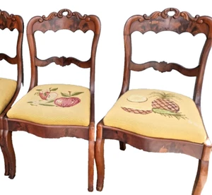 Antique Victorian 1880c Burled Walnut Dining Room Chair Hand Embroidered Fruit - Picture 1 of 13