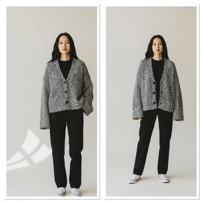 Cárdigan tejido grueso jaspeado de gran tamaño con marco talla grande gris negro suéter botón Foto 1 de 4