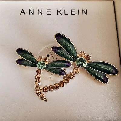 Broche Anne Klein Doble Libélula Tono Dorado Estrás Esmalte Nuevo en Caja Foto 1 de 4
