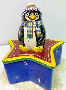 Vintage Julie Ueland 2000 Holiday penguin Star trinket box - Picture 1 of 4