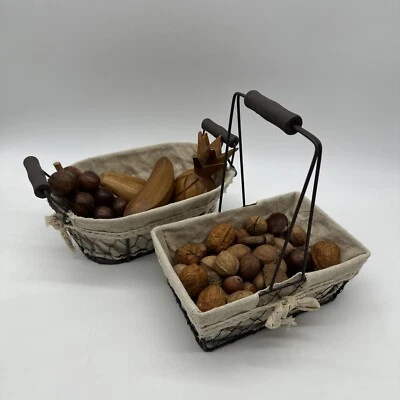 Wire basket with neutral tone liner tie-in wooden fruit and mix of nuts - Image 1 of 4