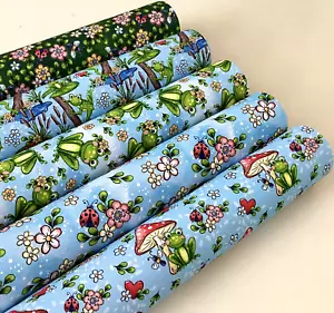 SPECIAL OFFER PACK OF 5 "SUMMER FROGS" CANVAS PRINTED FABRIC SHEET.HAIR BOWS - Picture 1 of 1