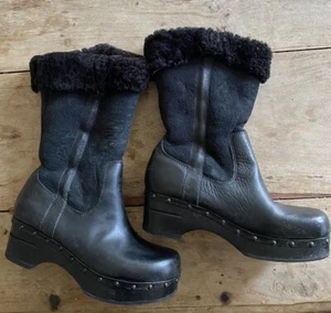 Frye Black Leather Shearling Sheepskin Boots CLOGGS BOHO UK 5.5 / US 8B 38 RARE - Picture 1 of 9