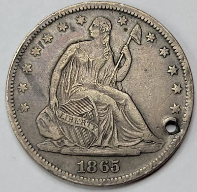 1865 S Seated Liberty Half Dollar 50c Choice XF KEY DATE Holed San Fran *G116 - Image 1 of 2