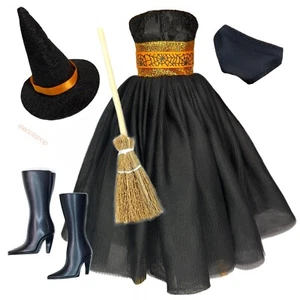 Eledoll Clothes Halloween Doll Fashion Pack Black Dress Witch Hat Boots Broom - Picture 1 of 10