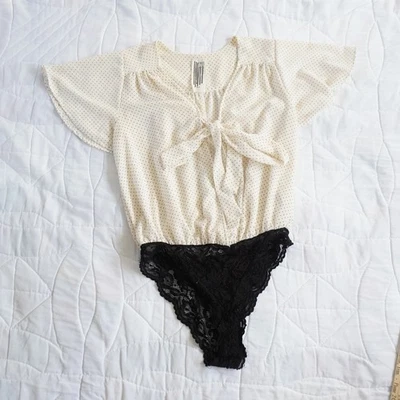 Free People Uptown Girl Flutter Bodysuit Polka Dot Tie Front Black Lace Thong S - Image 1 of 4
