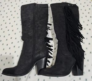 Carlos Santana Damen Leder Stiefel schwarz Roslyn Fransen hohe Absätze Größe 6,5 M - Bild 1 von 7
