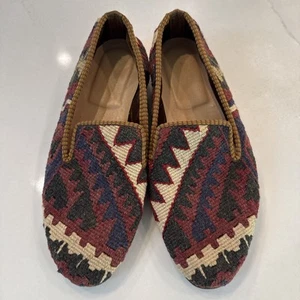 Handmade Kilim Loafers Women’s Size 7 Slip-On Woven Leather Sole Turkey - Picture 1 of 14