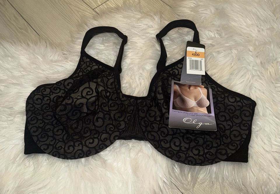 Olga 35090 Positively Fitting Silky Smooth Bra Lace Unlined UW Womens 42D Black - Image 1 of 4