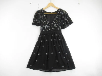 Vestido Adornado con Volantes Frock Damas Reino Unido 6 Negro Joyas Cuello en V Corto Gasa  Foto 1 de 4