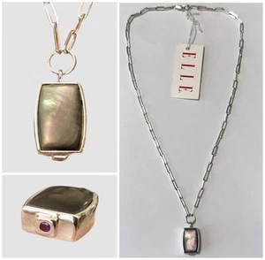 ELLE Sterling Silver Abalone & Genuine Ruby Pendant Paperclip Chain Necklace NWT - Picture 1 of 11