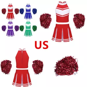 AU Girls Cheer Leader Costume Cheerleading Top with Pleated Skirt Pom Poms Set - Foto 1 di 58