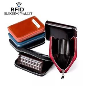 Mens Leather Zipper Slim Wallet RFID Blocking Credit Card Holder Thin Purse - Picture 1 of 16
