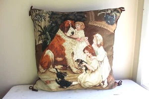 19 qm handgenähtes Handarbeitskissen Poly-Einlage viktorianische Mädchen Bernhardiner Hund - Bild 1 von 6