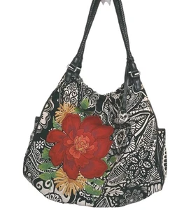 Brighton Mohn Canvas Hobo Beuteltasche Handtasche schwarz weiß Blumen bestickt Bohemian  - Bild 1 von 18