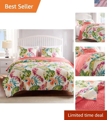 Juego de Edredón Vibrante Hojas de Palma Tropical - Coral Completo/Reina con Fundas Reversibles Foto 1 de 4