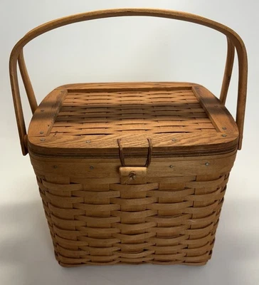 Cesta de picnic vintage LONGABERGER tejida a mano con tapa bisagras madera firmada por EE. UU. 1990 Foto 1 de 4