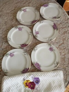 6 Vtg. Pansy Lunch Plates~Japan~Free Embroidered Hand Towel~No Cracks/Chips~EXC! - Picture 1 of 12