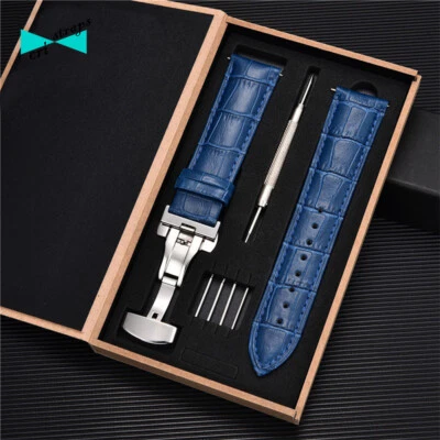 Cinturino orologio in pelle coccodrillo fibbia deployante blu da 18 20 22 24 mm - Immagine 1 di 4