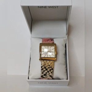 NINE WEST WOMEN WATCH GOLD PINK FAUX SNAKE PRINT SQUARE FACE STAINLESS STEEL HTF - Picture 1 of 6