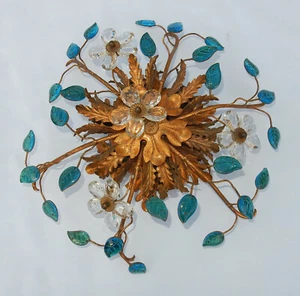 1970′ Applique Décor de Fleurs/Feuilles en Métal Doré Et Verre Bleu - Picture 1 of 9