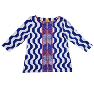 Ruby Rd. Pullover Oberteil Damen Medium Perlen blau & weiß Grafik 1/2-Arm gebraucht, in einwandfreiem Zustand - Bild 1 von 12