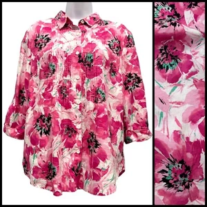 Jones New York Linen Floral Tropical Button Up Top Cottage Beachy Pink Size PM - Picture 1 of 11