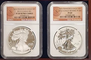 2012 S REV. PROOF SILVER EAGLE NGC PF69 & PF69 FR 2 COIN SAN FRANCISCO SET CJ51 - Picture 1 of 2