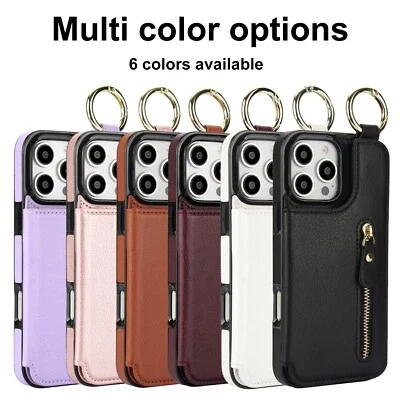 Luxury Zipper Leather Card Slot Cover Case For 16 15 14 13 12 11 Pro Max XS XR - Image 1 of 4