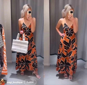 H&M Orange Black Floral Strappy Long Maxi Summer Dress Size XL 18 20 22 Beach - Picture 1 of 6