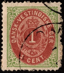 Danish West Indies - 1874 - 1 Cent Green & Claret Numeral of Value Issue 5c F-VF - Picture 1 of 1