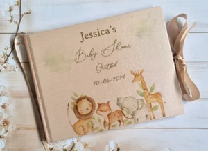 PERSONALISED SAFARI BABY SHOWER HARD COVER GUEST BOOK / UNIQUE MEMORY ALBUM - Picture 1 of 2