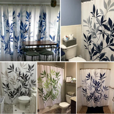 Bathroom Shower Curtain Curtains Leaves Printed Modern Decor with Hooks - Image 1 of 4