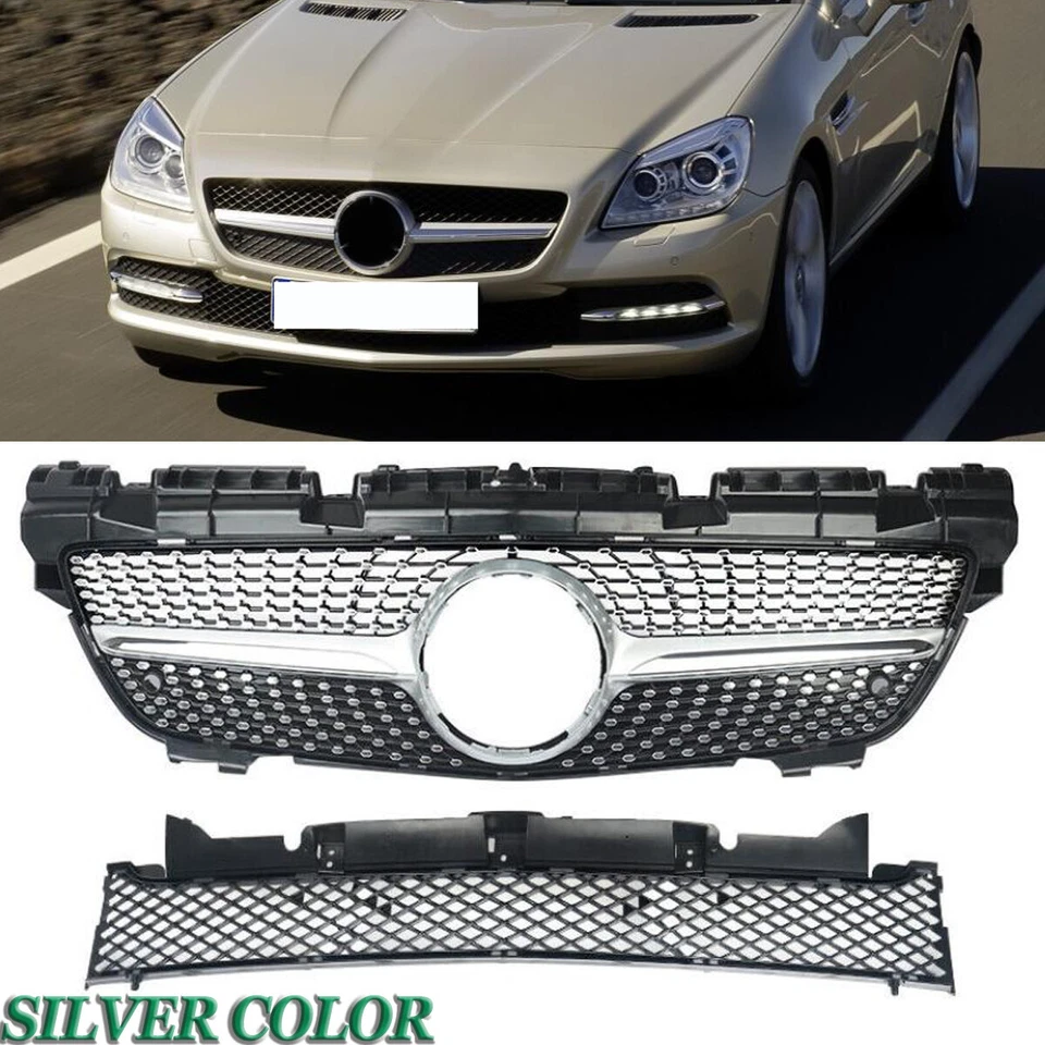For 2011-2015 Benz R172 SLK Class SLK250 Diamond Style Front Grille Silver Color - Imagem 1 de 4
