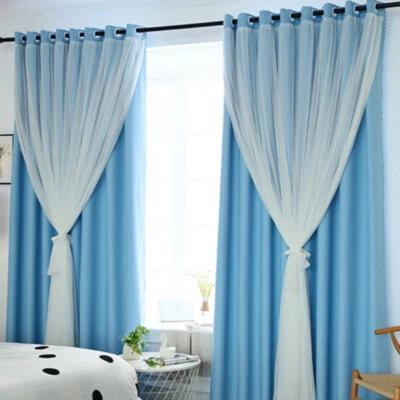 Blackout Curtains Double Layer Bedroom Fairy Lace Tulle Drape Eyelets Home Decor - Image 1 of 4