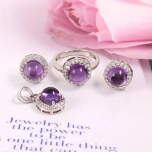 Naturale Ametista Viola Cristallo 925 Argento Gioielli Set Anniversario Regalo - Foto 1 di 7