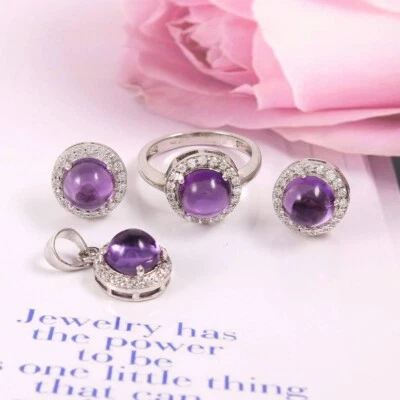 Naturale Ametista Viola Cristallo 925 Argento Gioielli Set Anniversario Regalo - Immagine 1 di 4